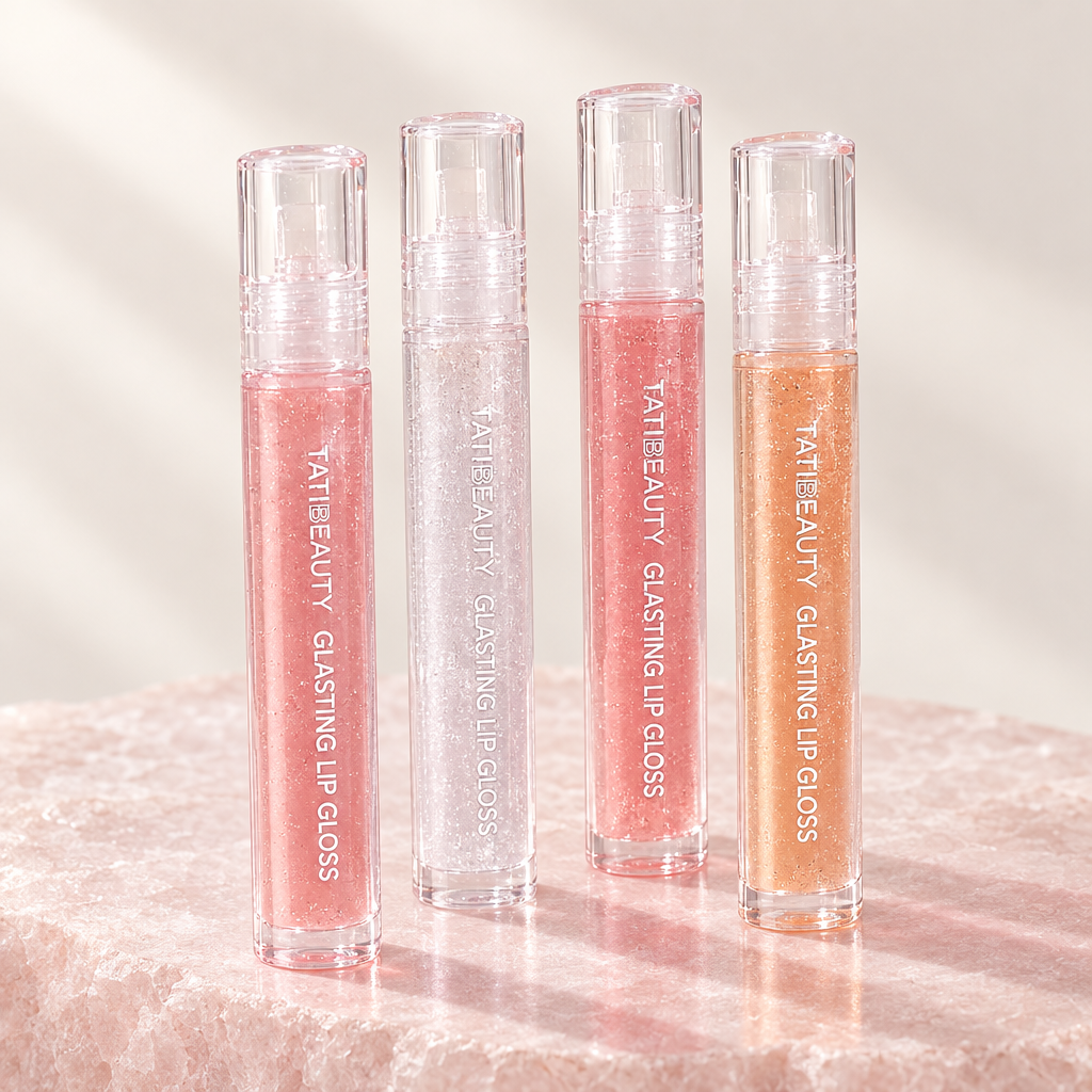 Water Light Lip Gloss, four tinted tubes standing on pale rose stone