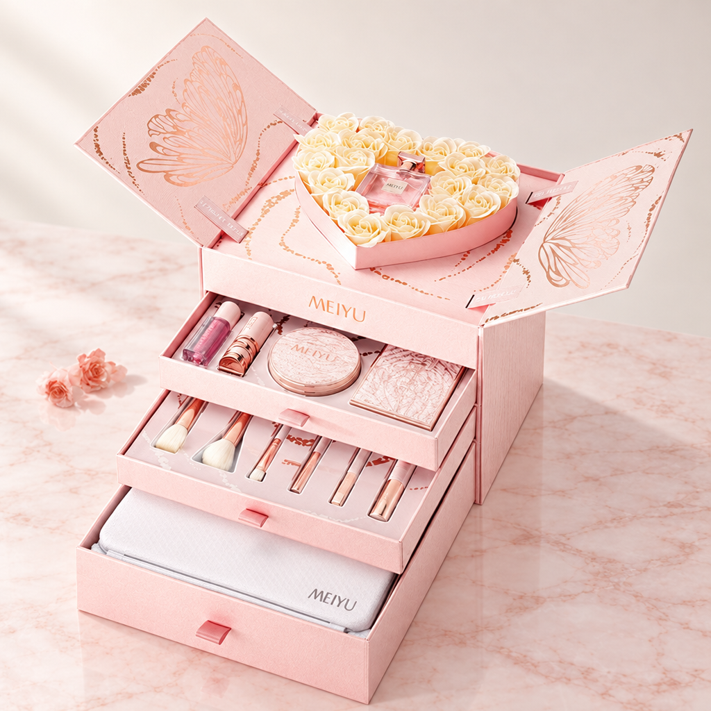 Silk satin makeup gift set open, showing the heart of soap roses and the drawers of makeup