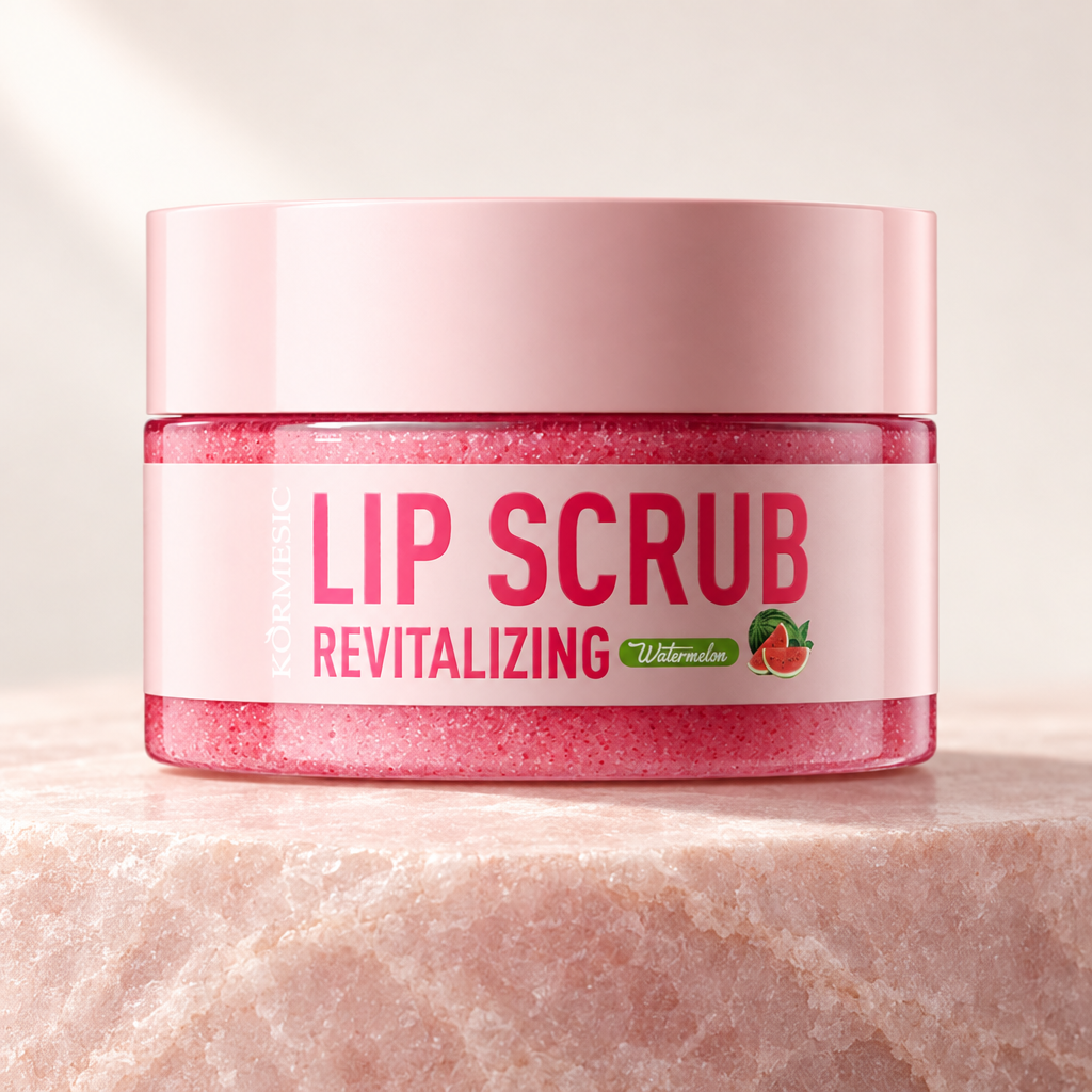 Watermelon lip scrub jar on pale rose stone