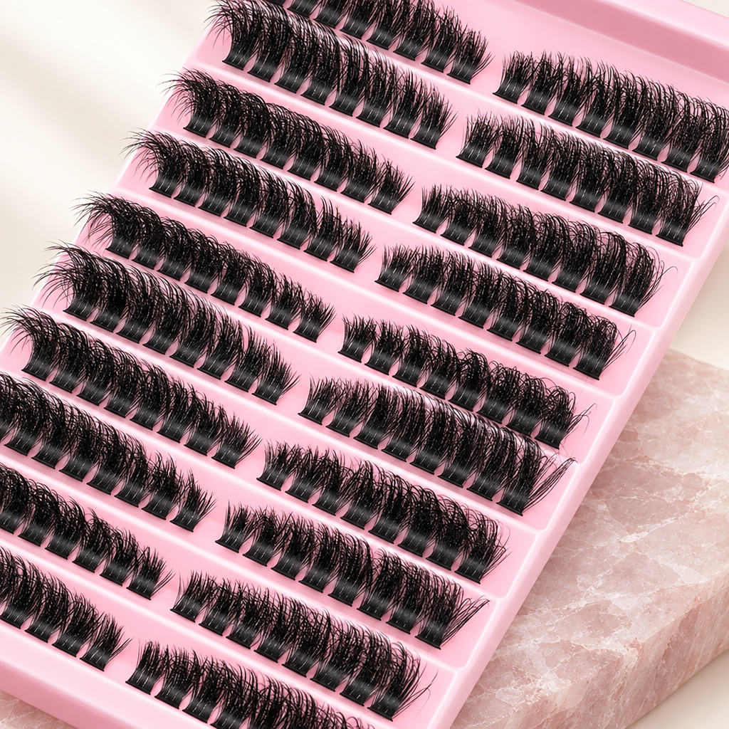 3D cluster false lashes, ten rows on a pink tray, on pale rose stone