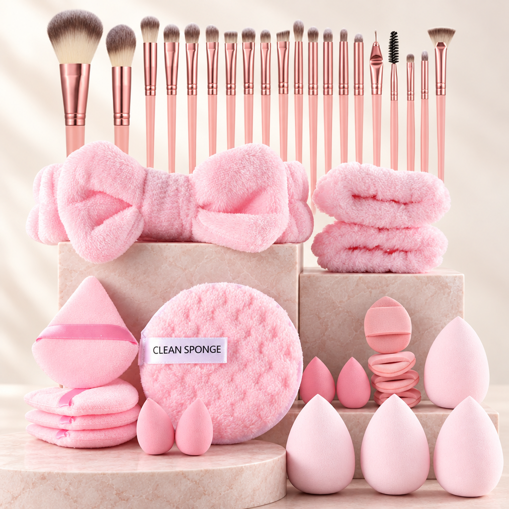 46 piece pink makeup set: brushes, sponges, puffs, headband and scrunchies on pale rose stone
