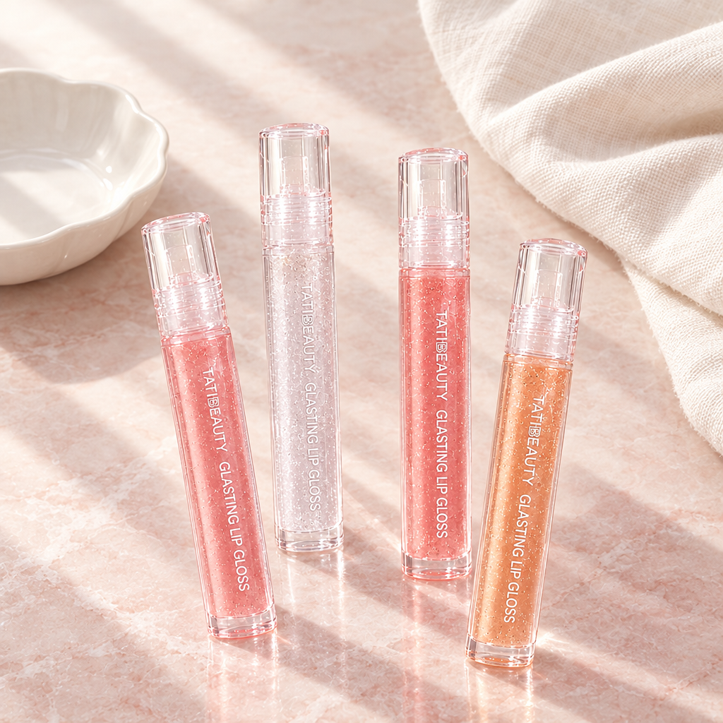 Water Light Lip Gloss tubes on a marble vanity with a ceramic dish and linen