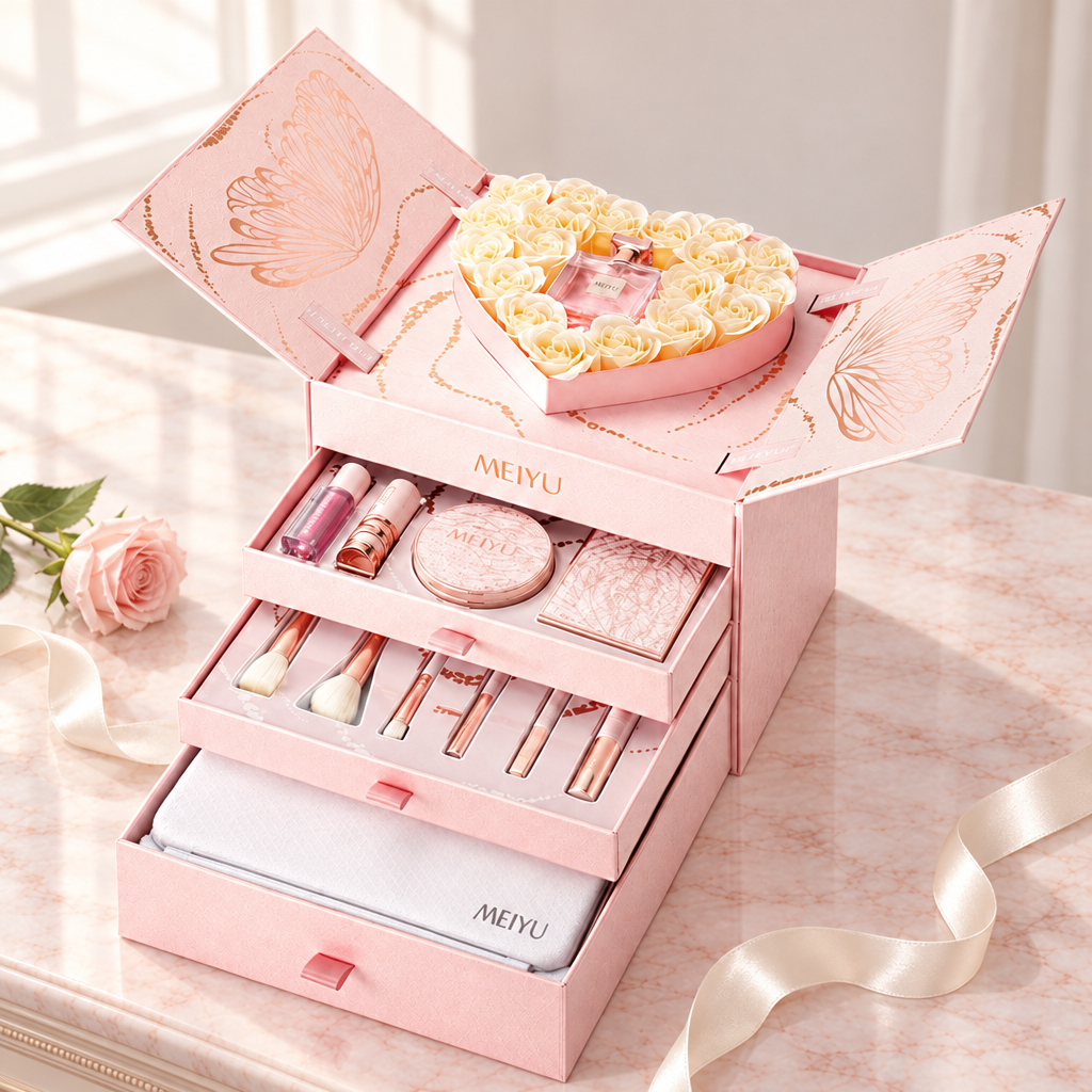 Silk satin makeup gift set open on a marble dresser with a pink rose and satin ribbon