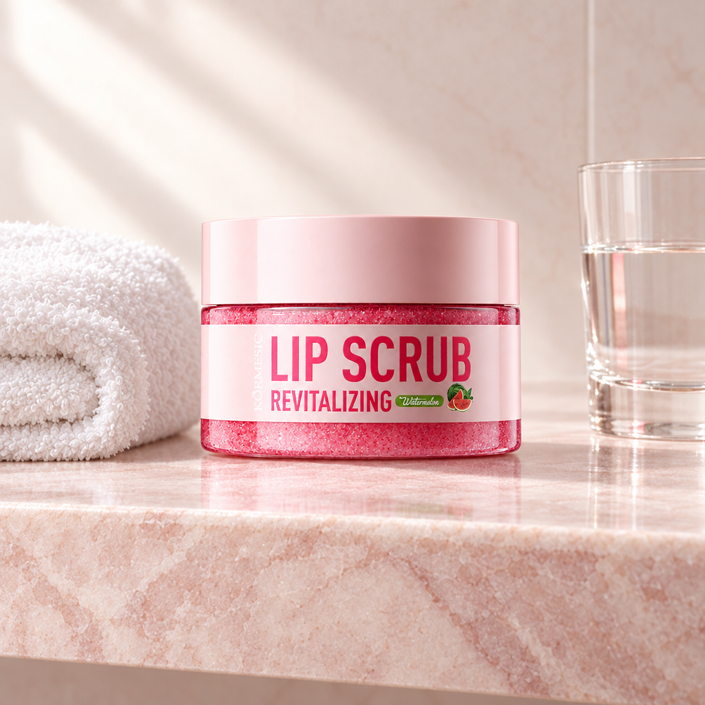 Watermelon lip scrub on a marble bathroom shelf with a towel and a glass of water