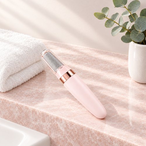 Pink electric foot file on a marble bathroom ledge with a towel and eucalyptus