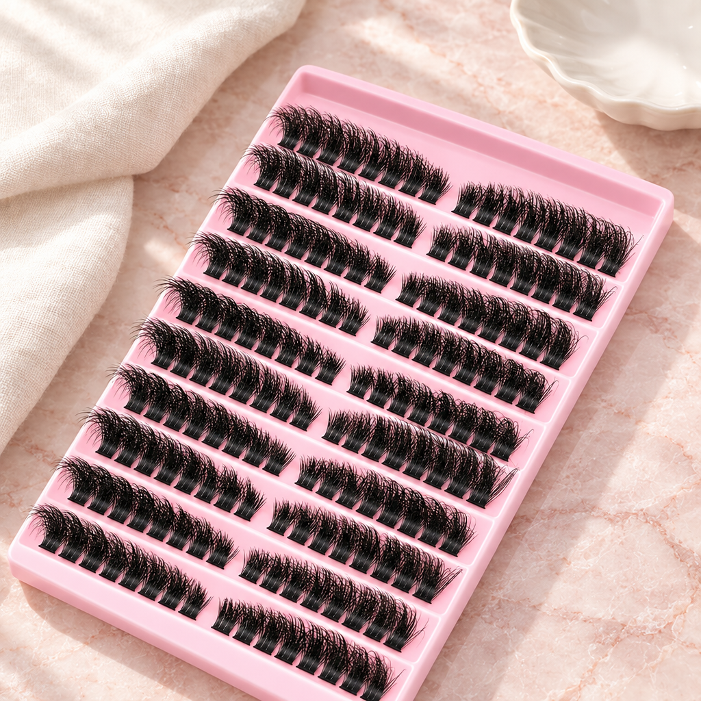 3D cluster false lashes tray on a marble vanity with linen and a ceramic dish