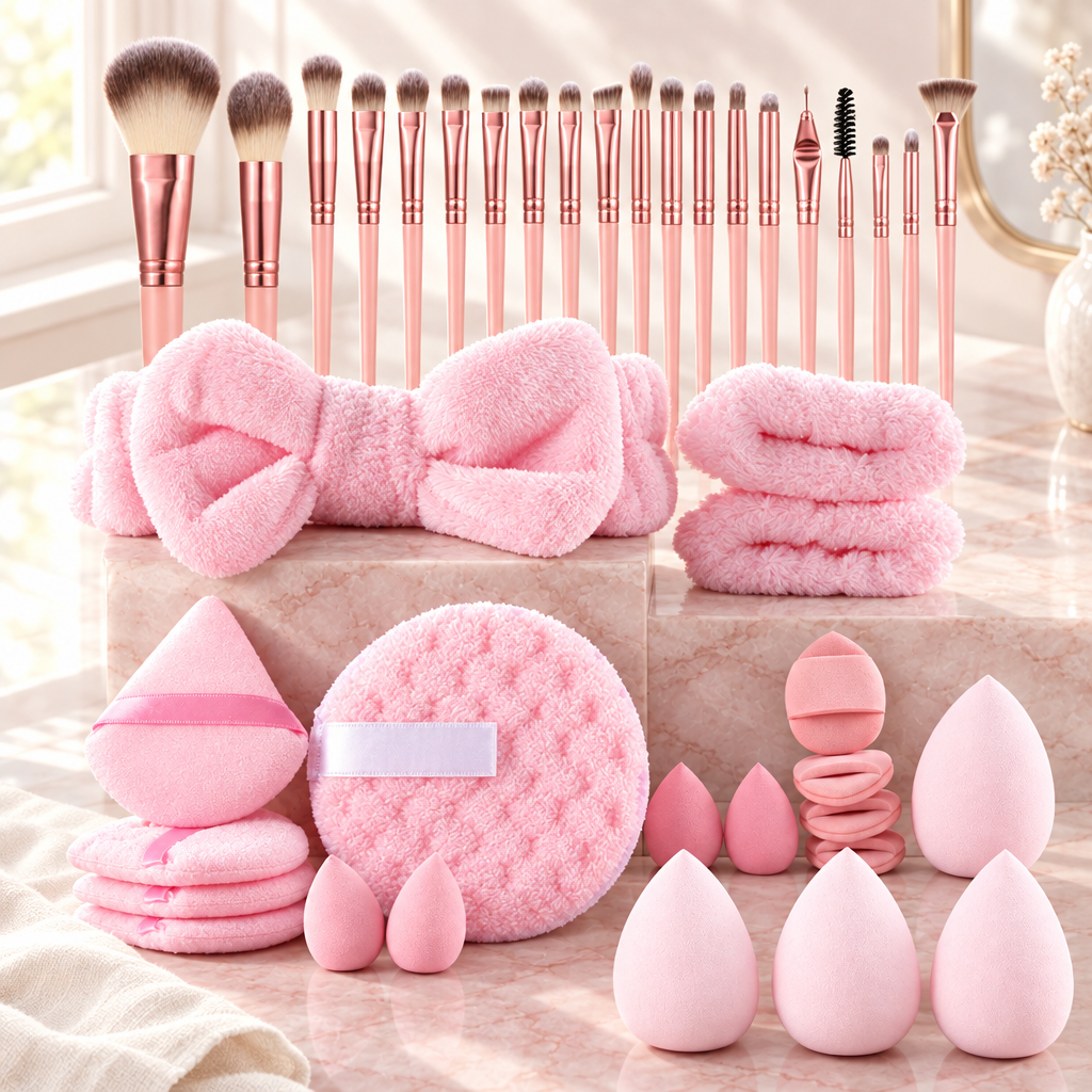 46 piece pink makeup set laid out on a marble vanity in morning light