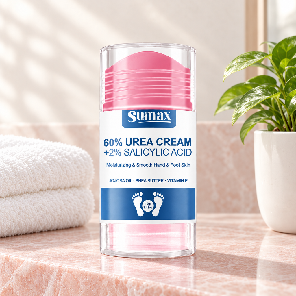 Urea and salicylic acid cream stick on a marble bathroom ledge with a towel and a plant