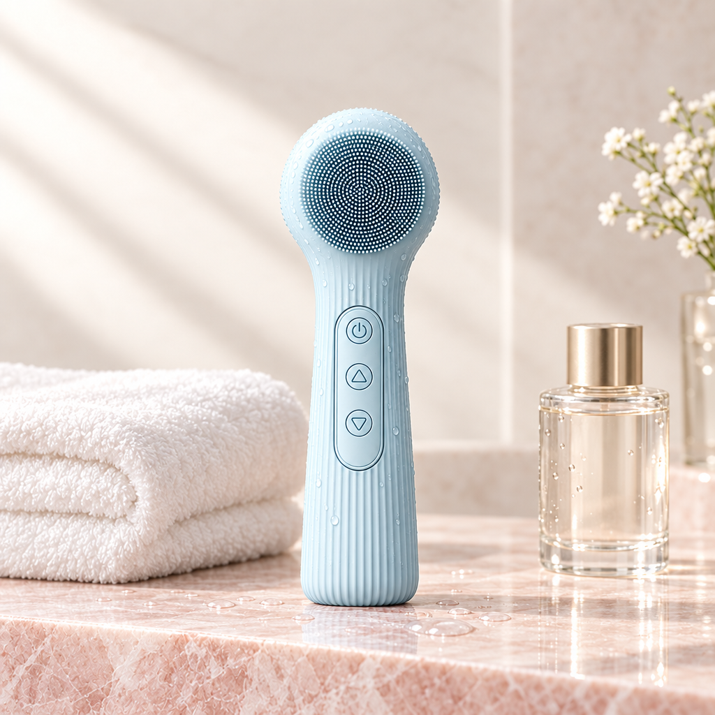 Silicone facial cleansing brush on a marble bathroom ledge with a towel