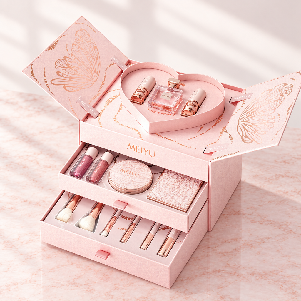 Silk satin makeup gift set, 3 drawers box, on pale rose stone