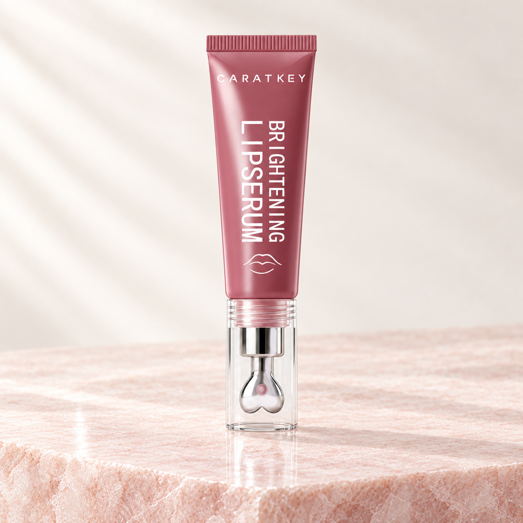 Brightening lip serum, Peach Blossom shade, on pale rose stone