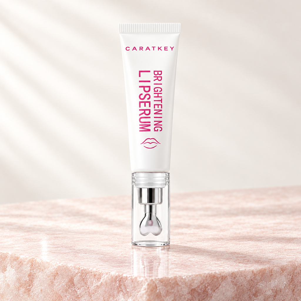 Brightening lip serum, Sheer Shimmer shade, on pale rose stone