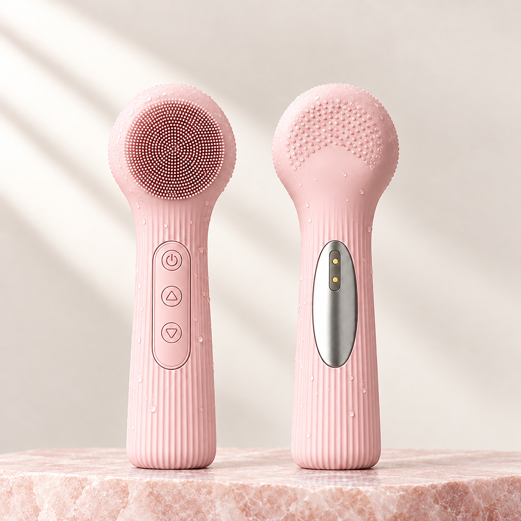 Silicone facial cleansing brush, Pink colour, front and back, on pale rose stone