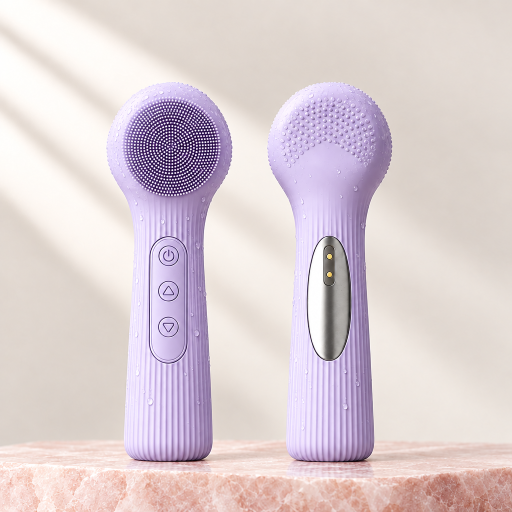 Silicone facial cleansing brush, Purple colour, front and back, on pale rose stone