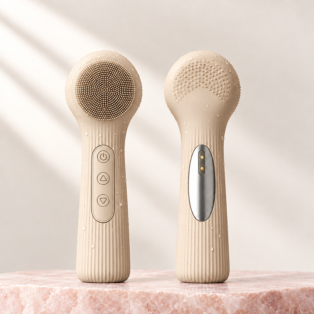 Silicone facial cleansing brush, Beige colour, front and back, on pale rose stone
