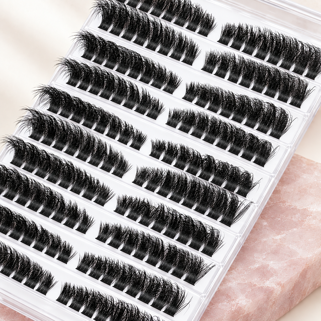 3D cluster false lashes, standard clear tray, ten rows