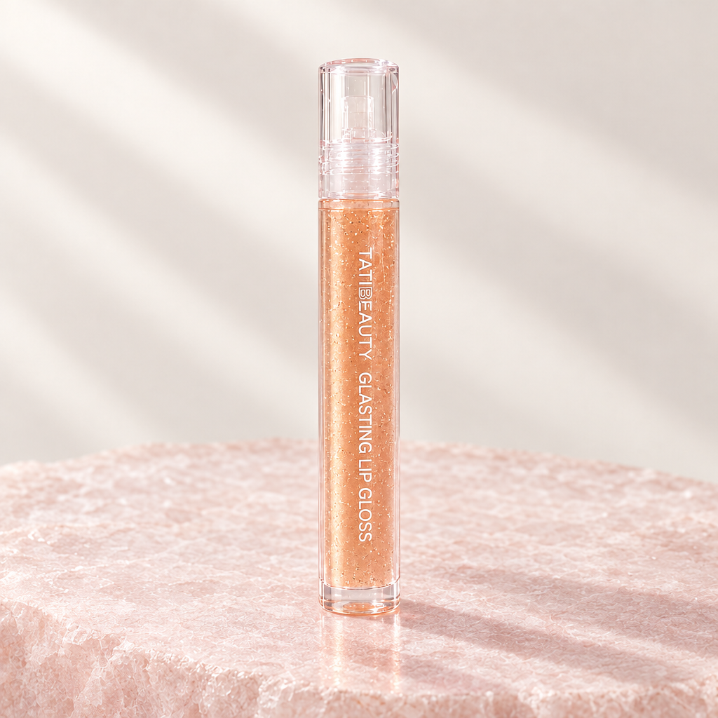 Water Light Lip Gloss, First Love Peach shade, on pale rose stone