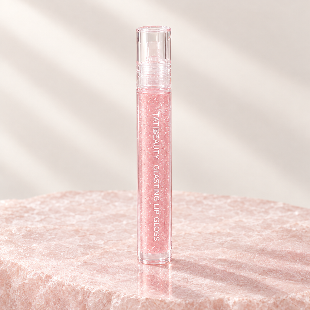 Water Light Lip Gloss, Suddenly Heart shade, on pale rose stone