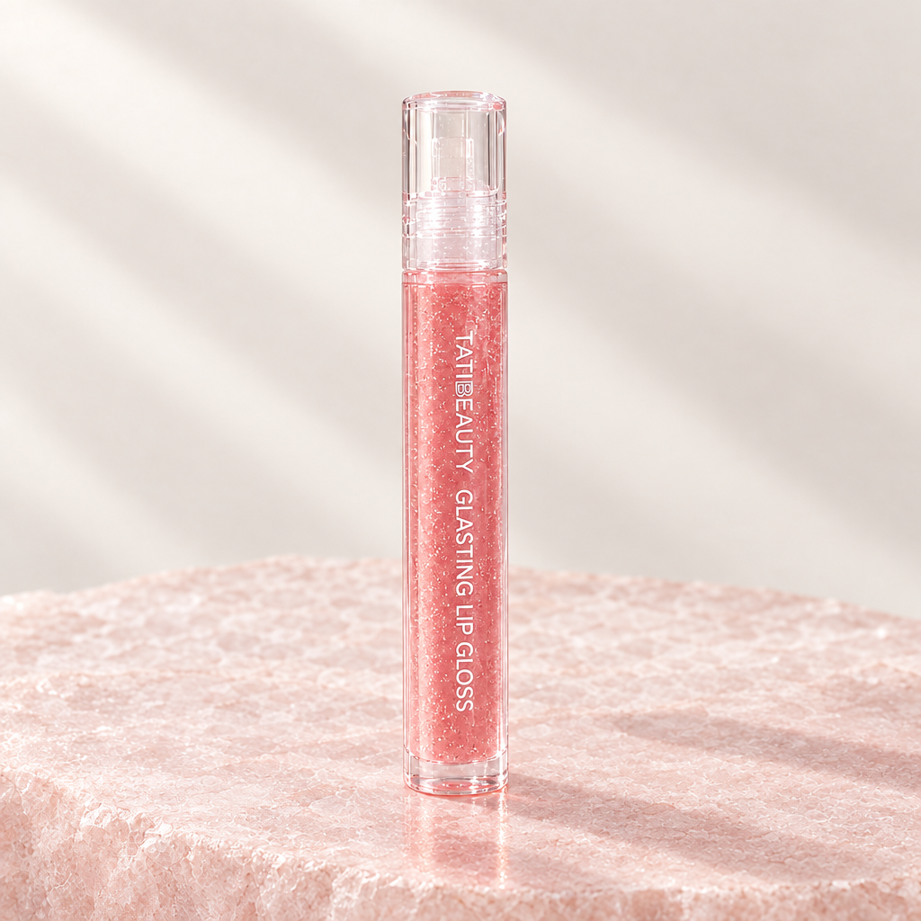 Water Light Lip Gloss, Fresh Coral shade, on pale rose stone