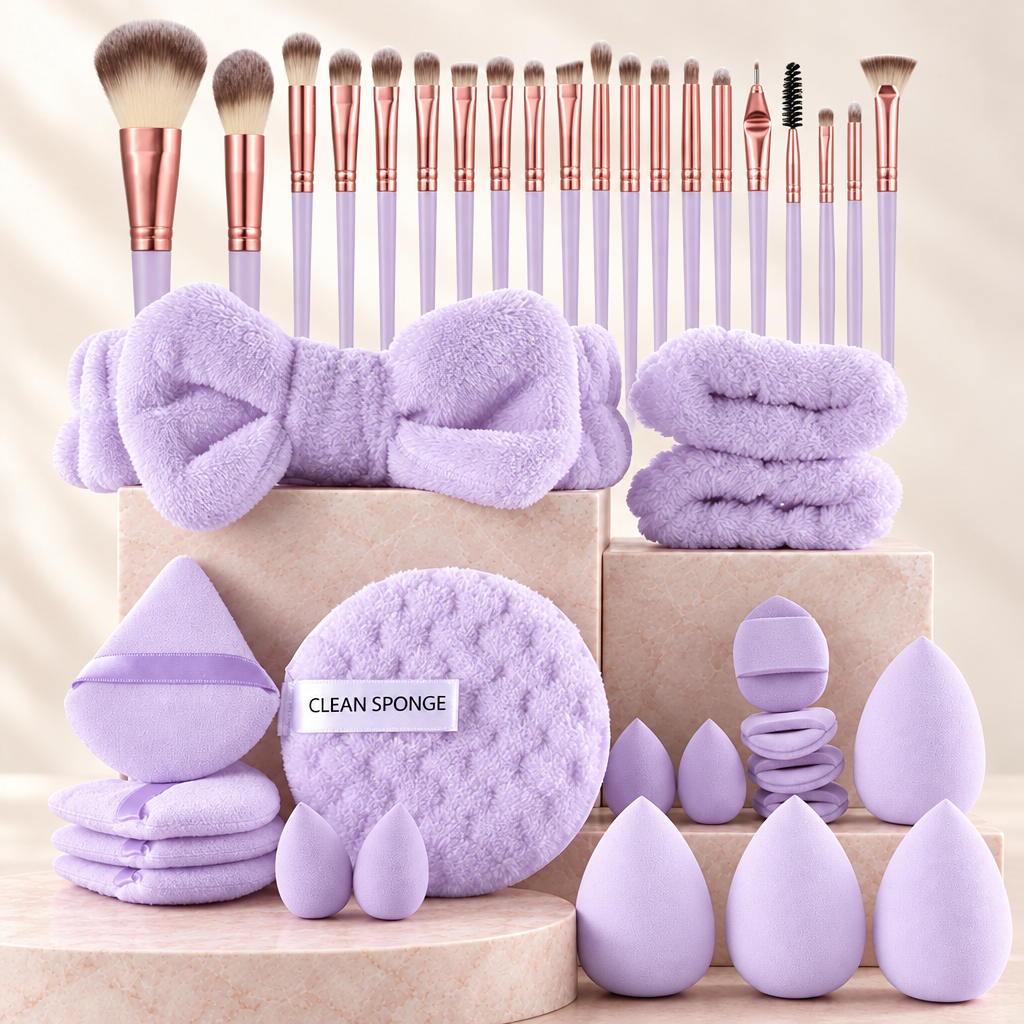 46 piece makeup set, Purple colour, on pale rose stone