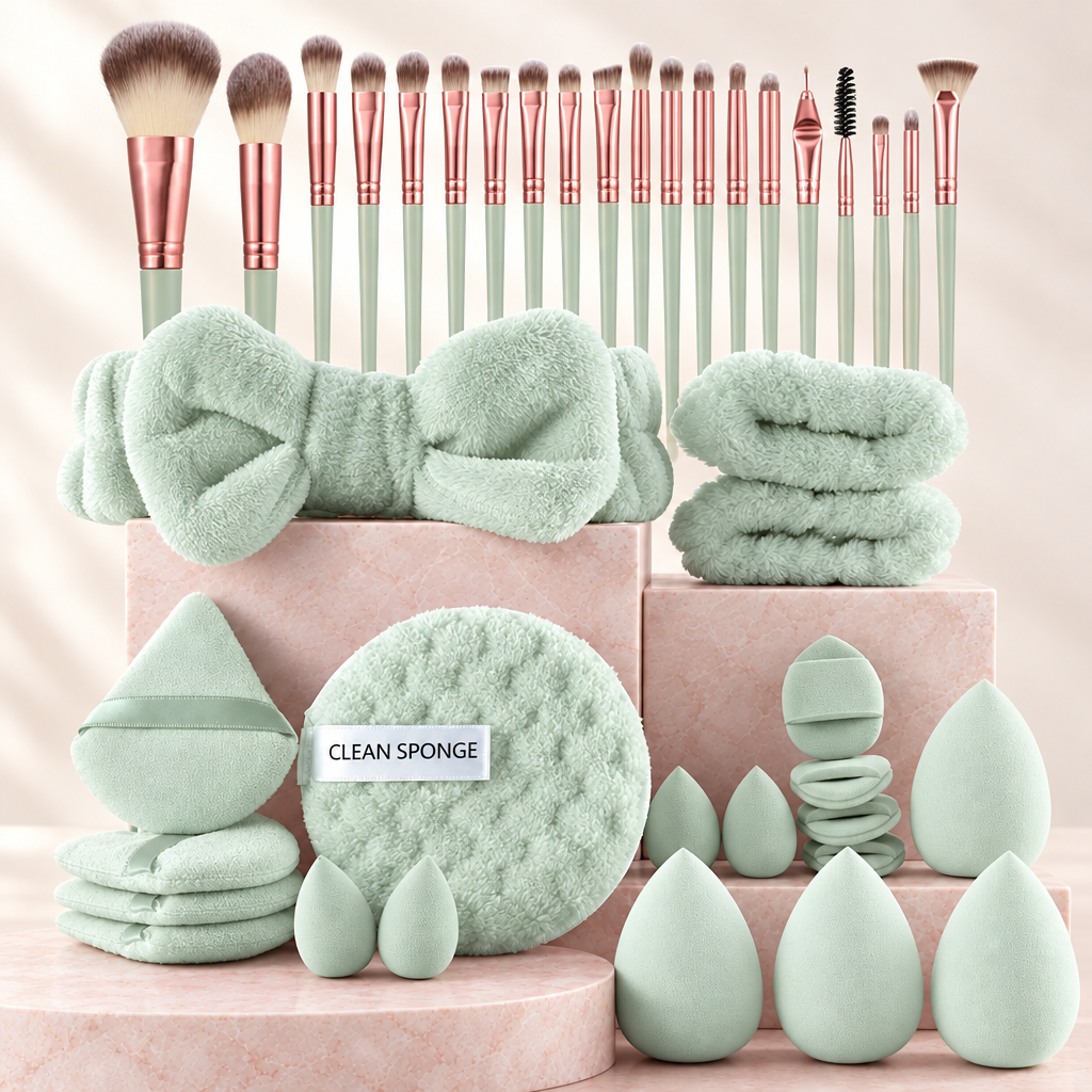 46 piece makeup set, Green colour, on pale rose stone