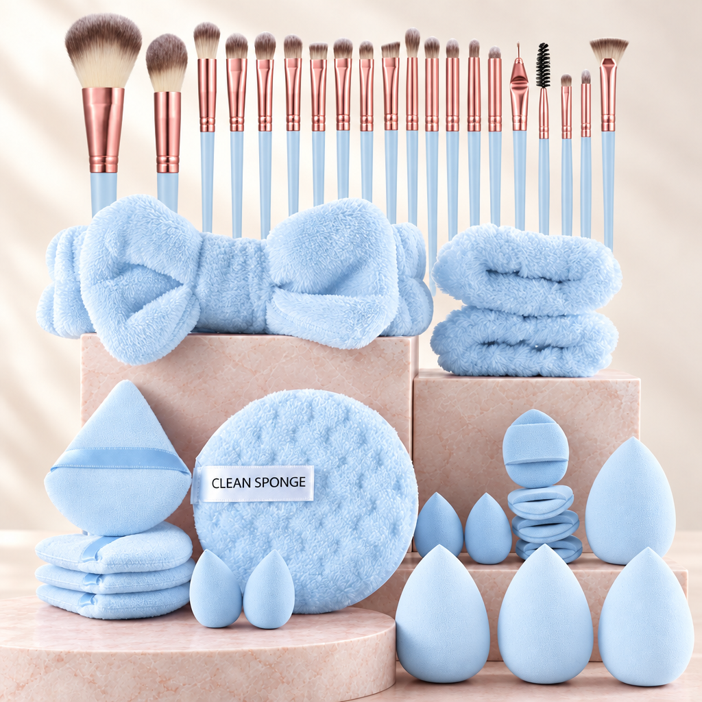 46 piece makeup set, Blue colour, on pale rose stone