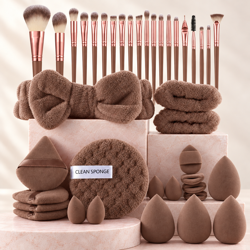 46 piece makeup set, Coffee colour, on pale rose stone