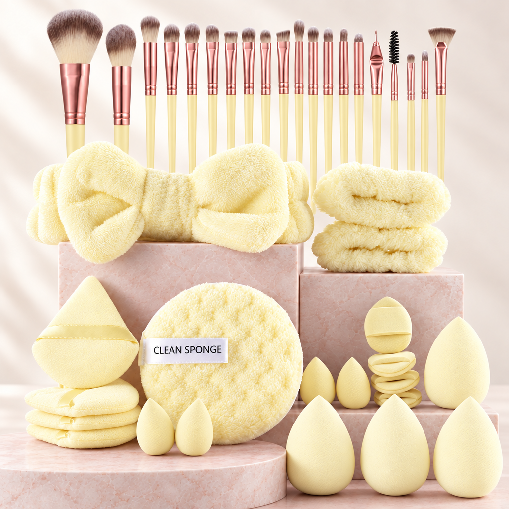 46 piece makeup set, Yellow colour, on pale rose stone