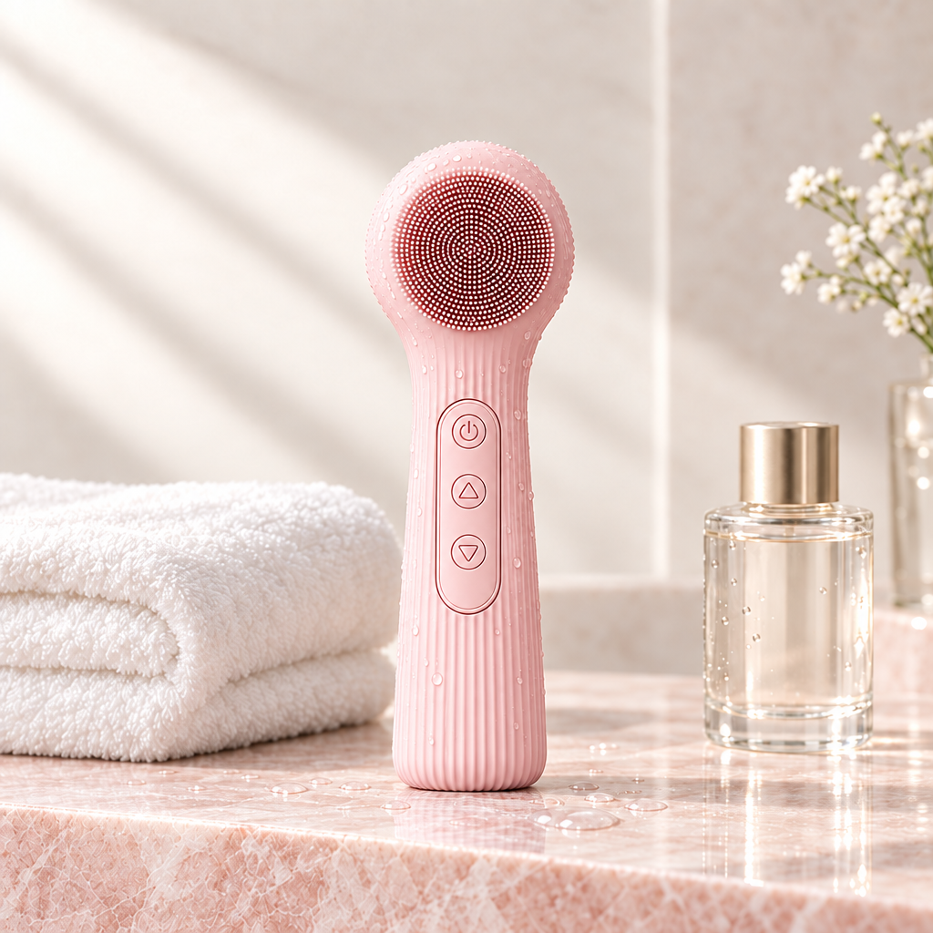 Pink silicone facial cleansing brush on a marble bathroom ledge with a towel