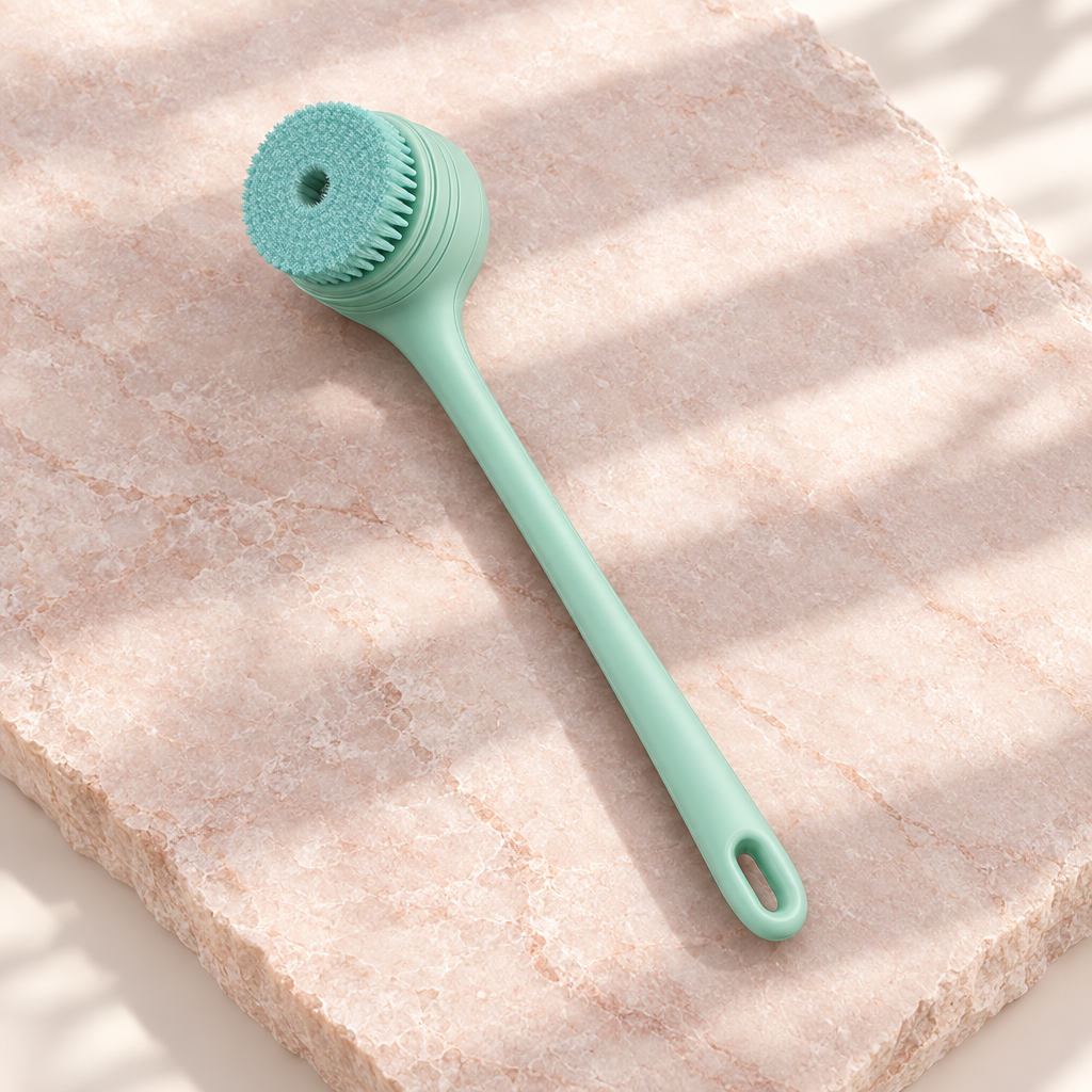 Mint green electric body brush with a long handle, on pale rose stone