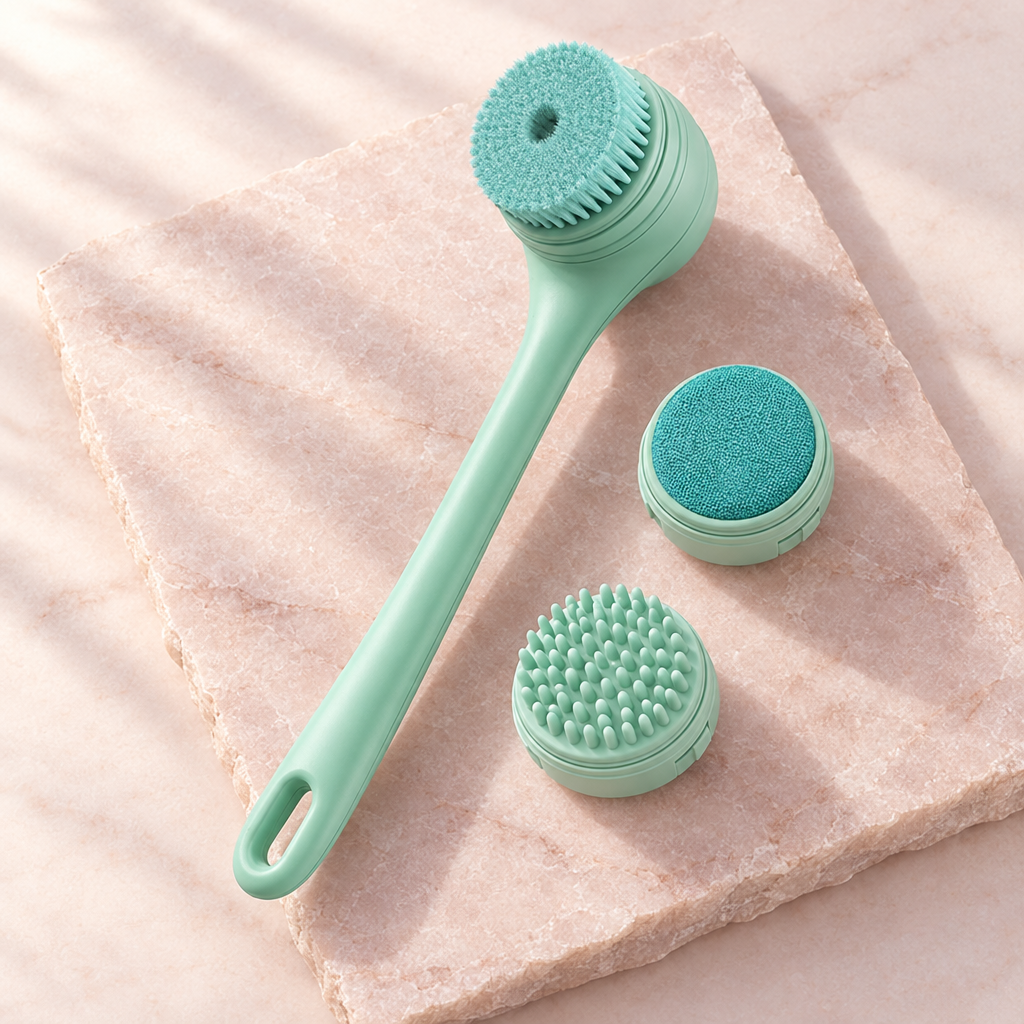 Electric body brush, kit with 3 brush heads: bristle bath head, gauze bath head and silicone massage head