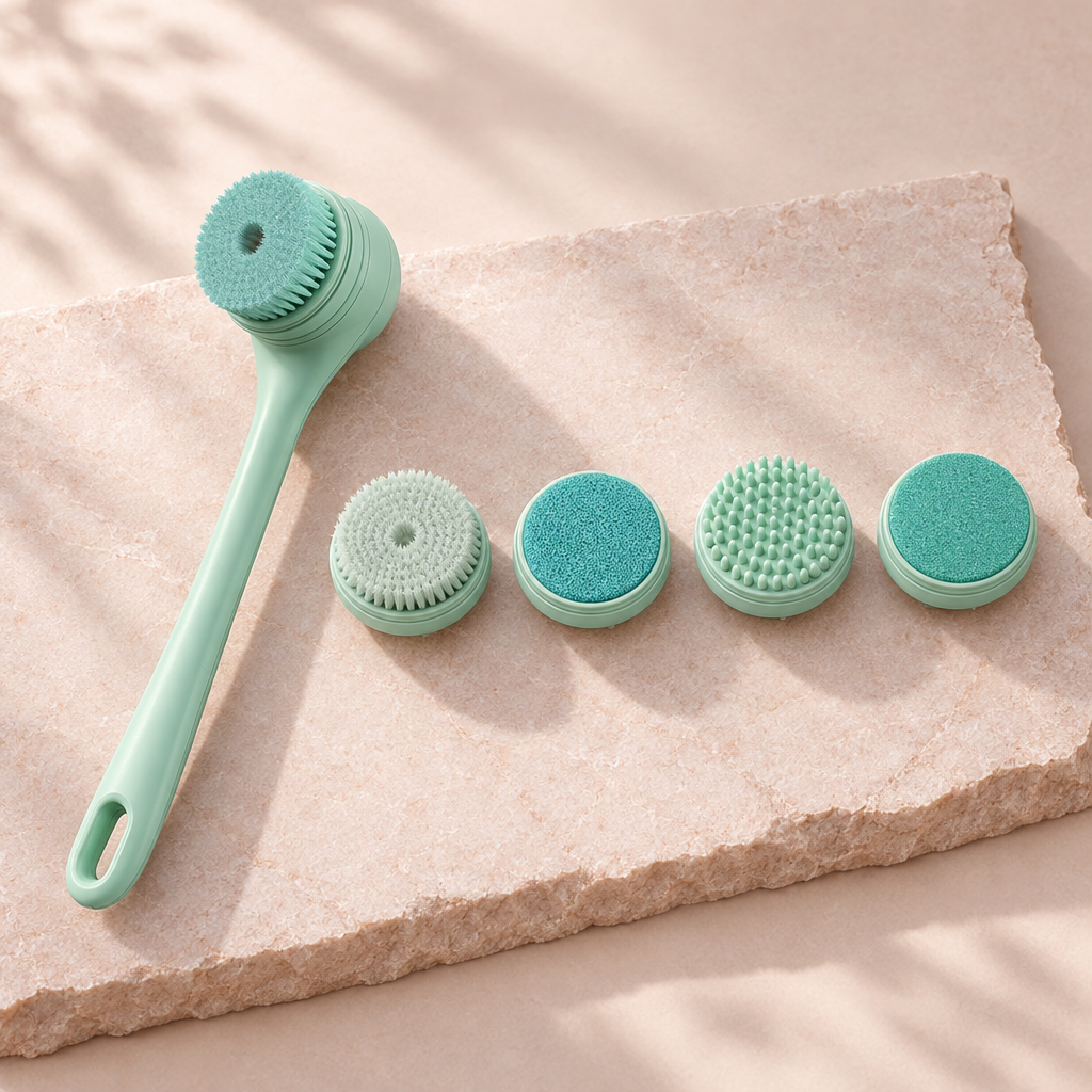 Electric body brush, kit with 5 brush heads: bath, facial, gauze, massage and scrub heads