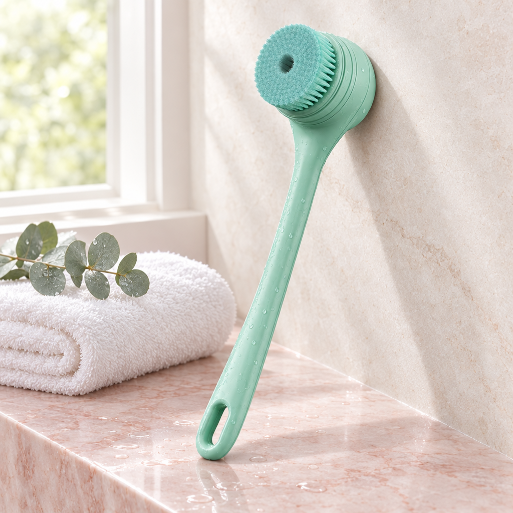 Electric body brush leaning on a marble bathroom ledge next to a folded towel
