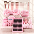 Full Face Kit: pink 46 piece makeup set with a tray of cluster lashes on pale rose stone