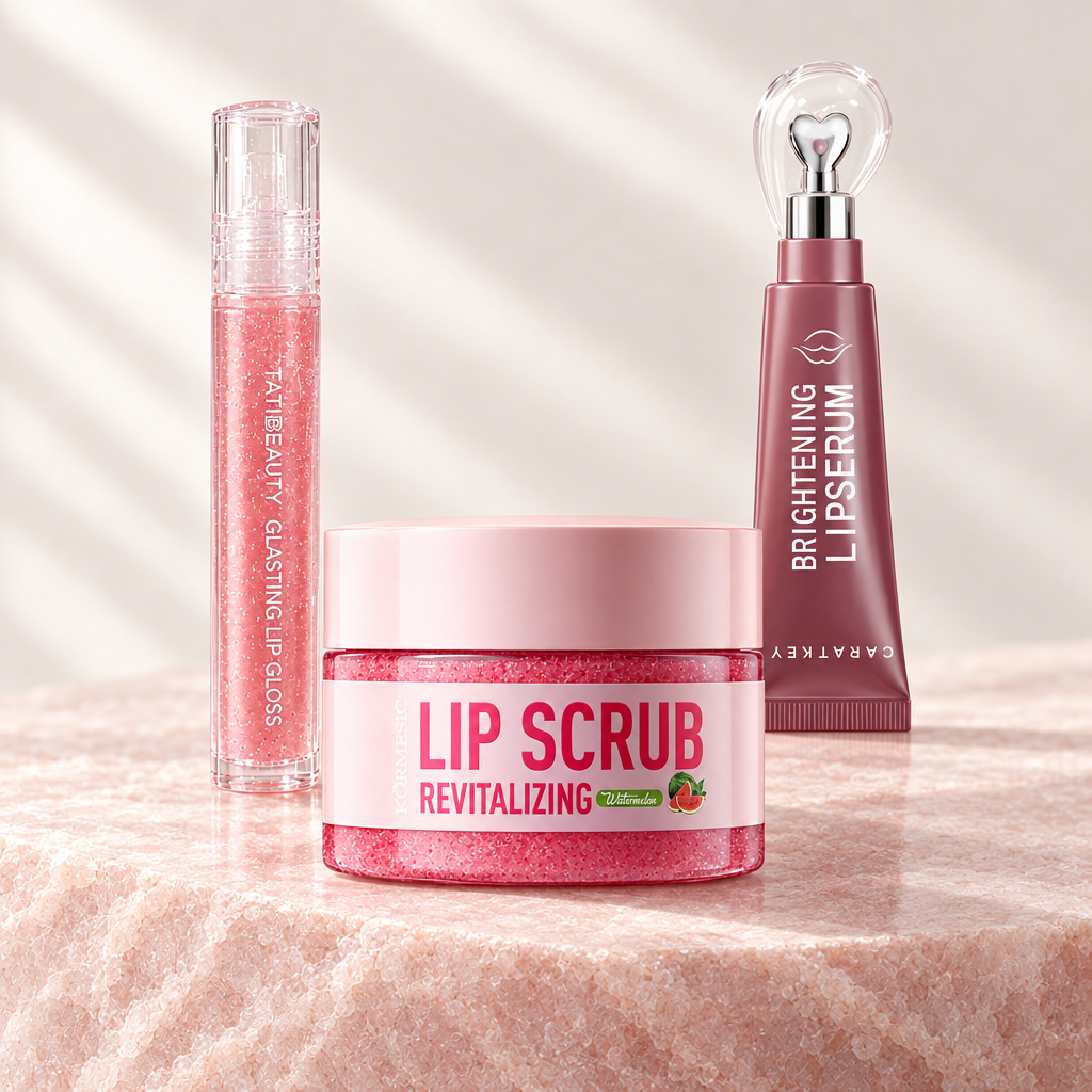 Lip Trio set: watermelon lip scrub jar, lip gloss tube and lip serum tube on pale rose stone