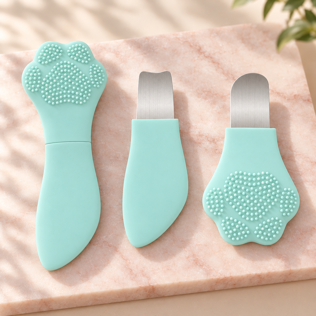 Light green cat paw facial cleansing tool shown closed and opened, with its two metal spatula tips