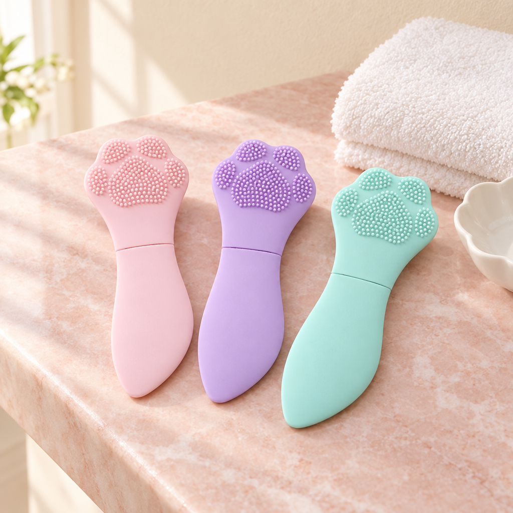 Cat paw facial cleansing tools in pink, purple and light green on a bathroom shelf, each sold separately
