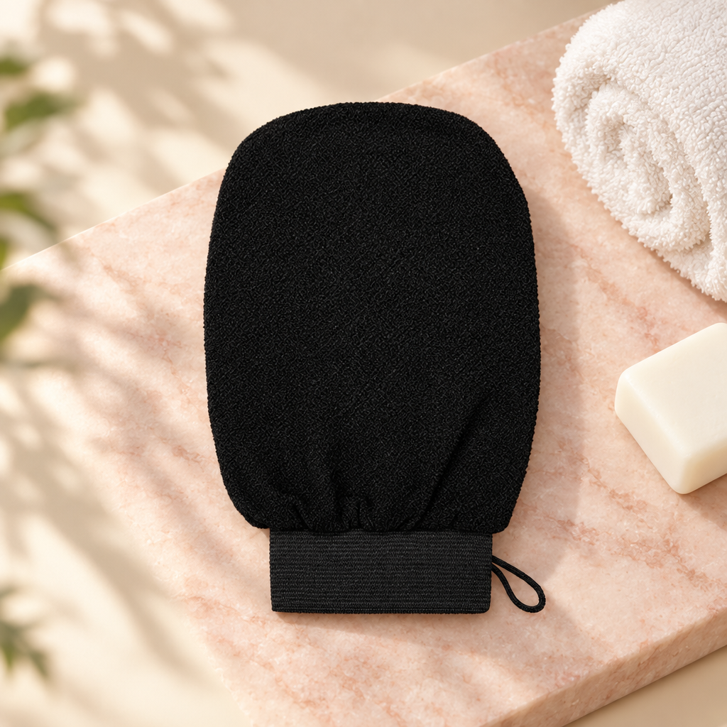 Black exfoliating bath mitt with black elastic cuff and hanging loop