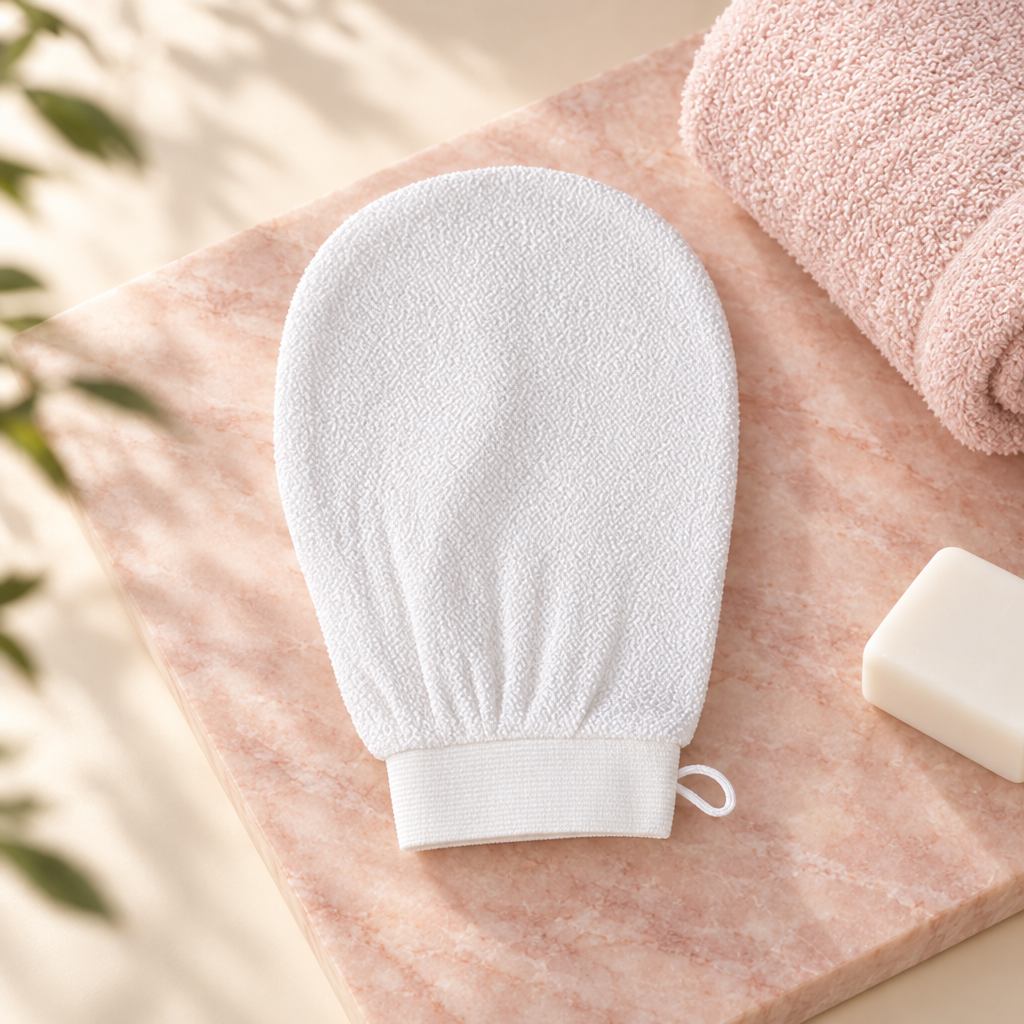 White exfoliating bath mitt with white elastic cuff and hanging loop