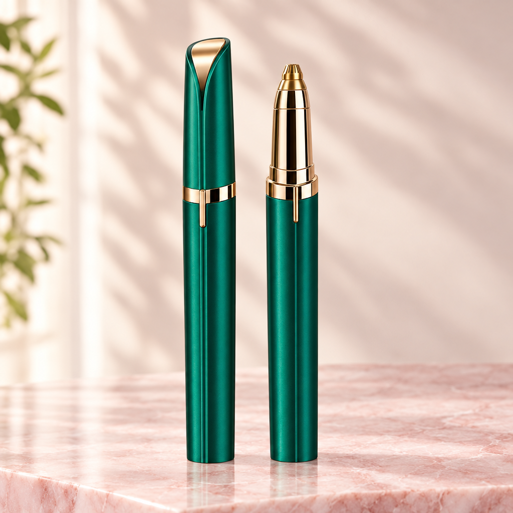 Forest green electric eyebrow trimmer shown with its cap on and with the cap off