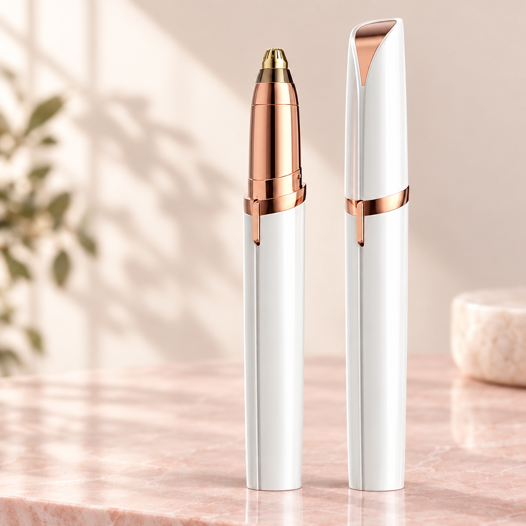 Ivory white electric eyebrow trimmer shown with the cap off and with its cap on