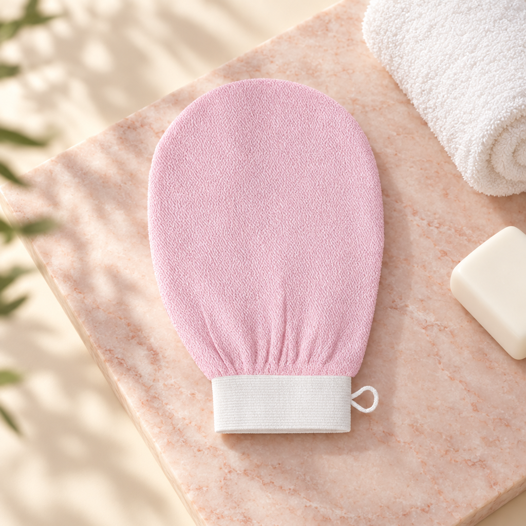 Pink exfoliating bath mitt with white elastic cuff and hanging loop