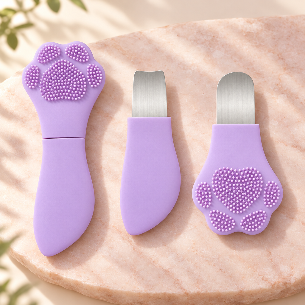 Purple cat paw facial cleansing tool shown closed and opened, with its two metal spatula tips