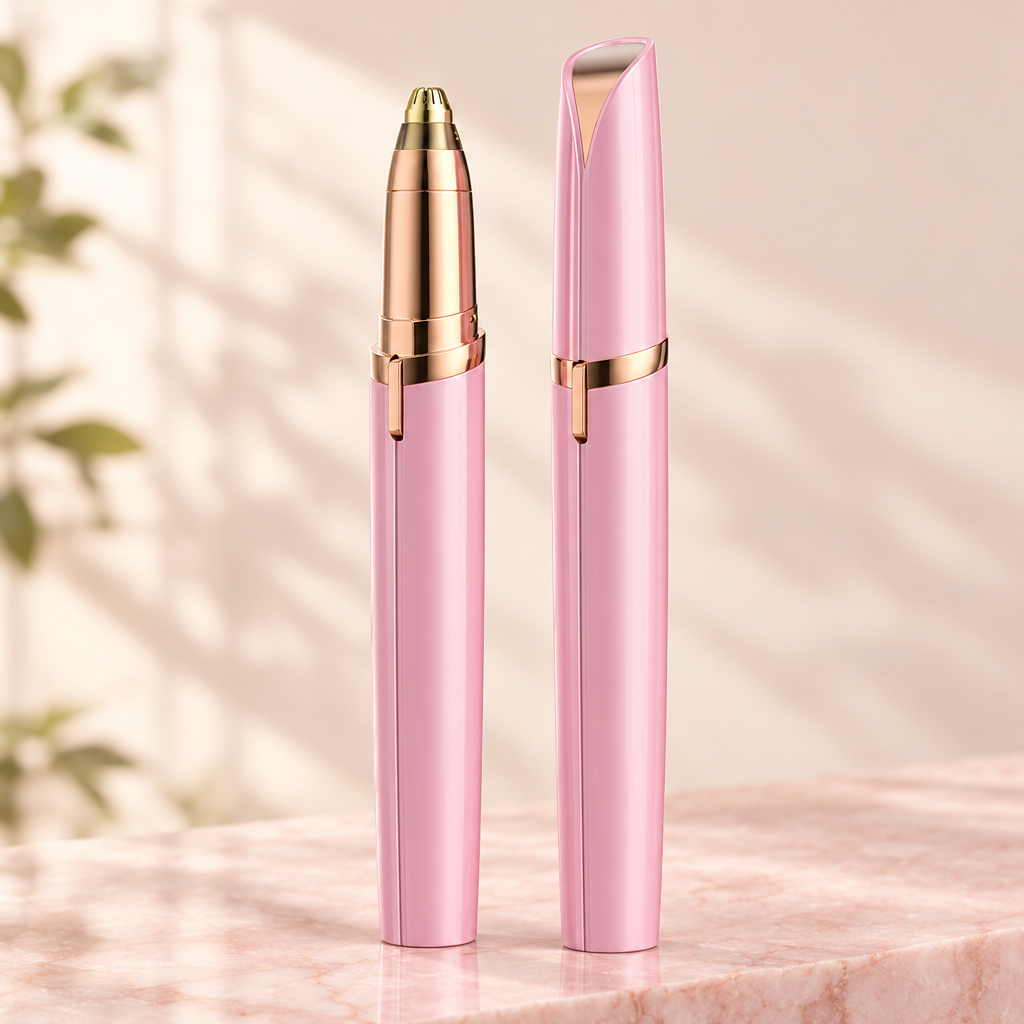 Cherry pink electric eyebrow trimmer shown with the cap off and with its cap on