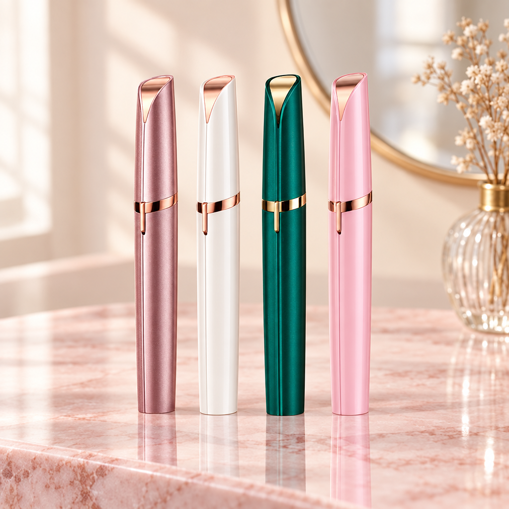 Electric eyebrow trimmer in its four colours: rose gold, ivory white, forest green and cherry pink. Each sold separately