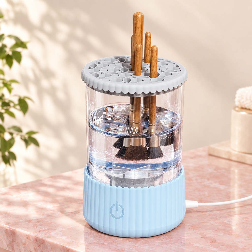 Blue electric makeup brush cleaner washing several brushes, with its USB cable