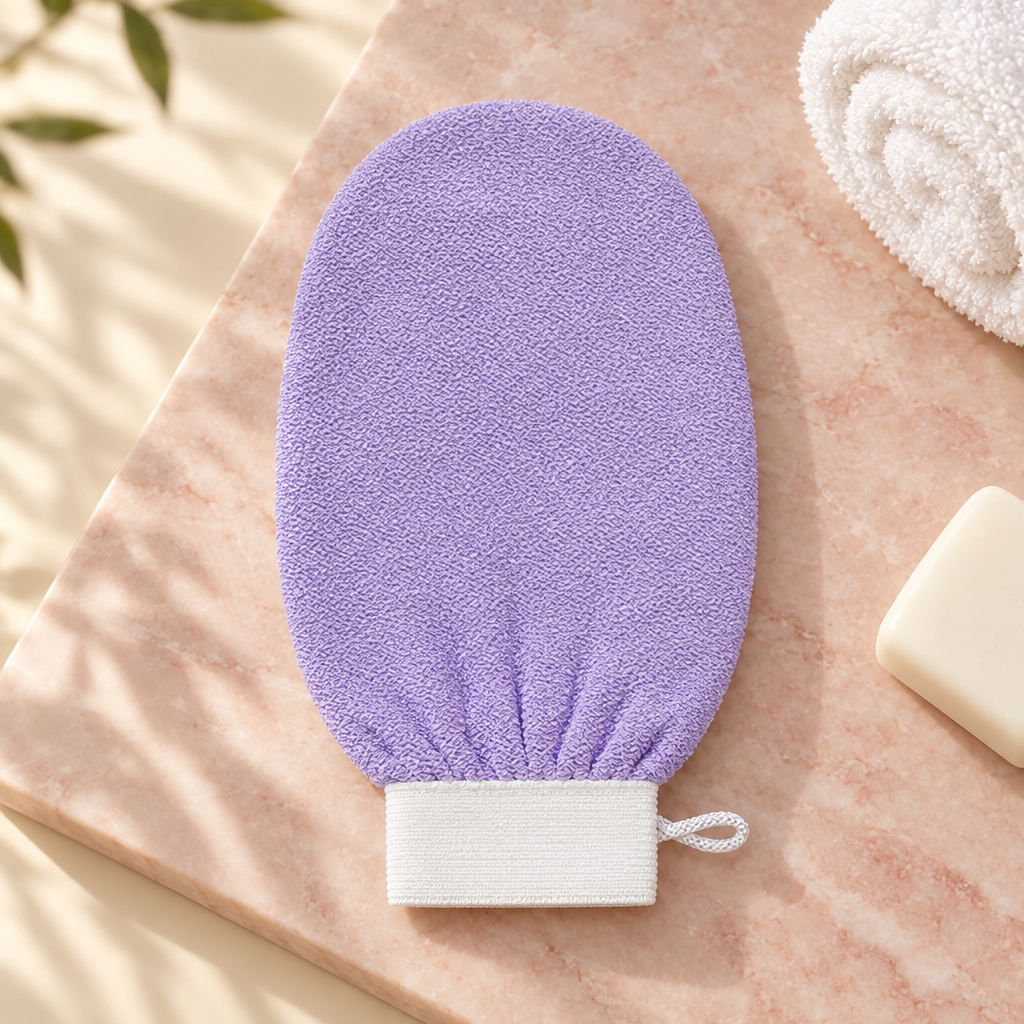 Purple exfoliating bath mitt with white elastic cuff and hanging loop