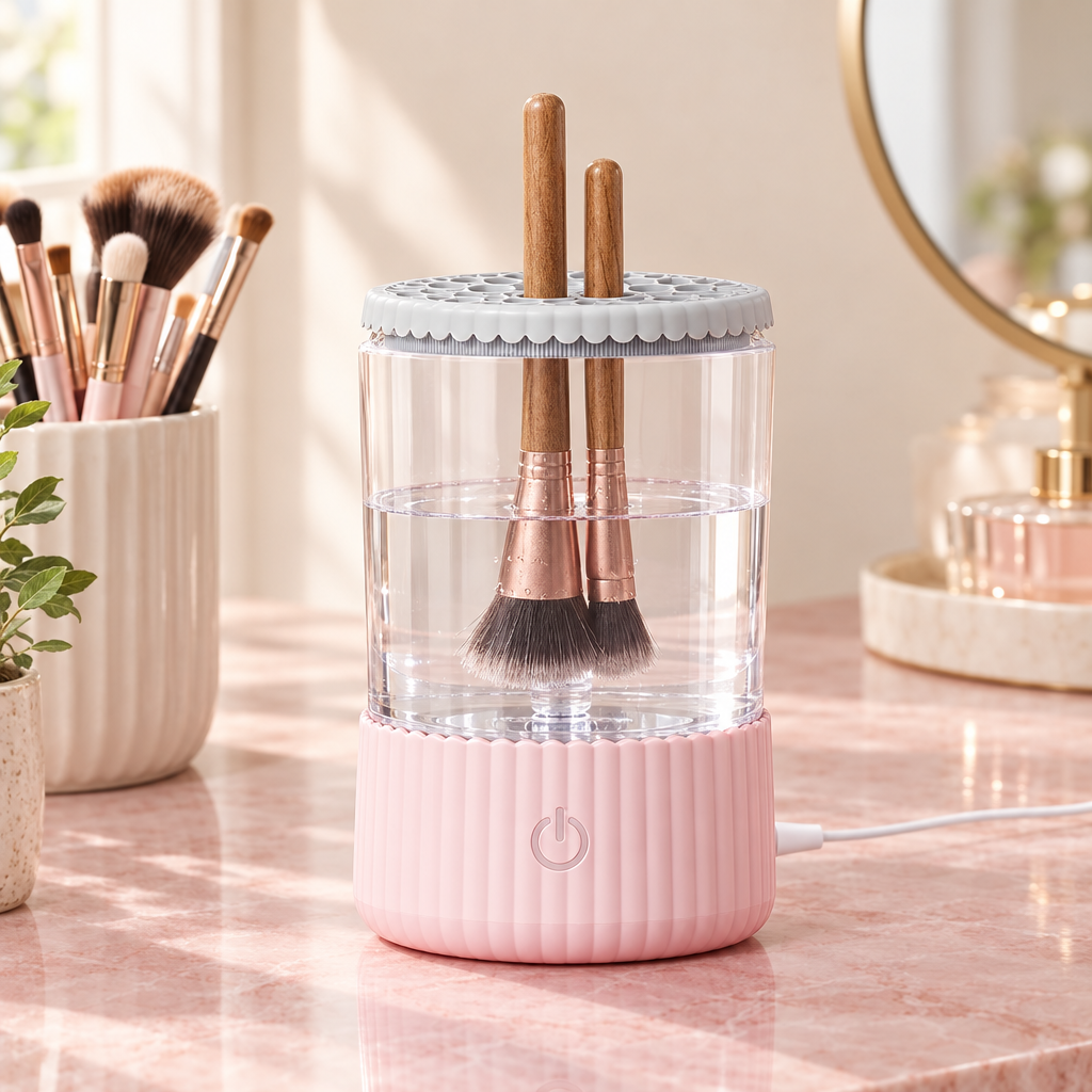 Pink electric makeup brush cleaner on a vanity, washing two brushes