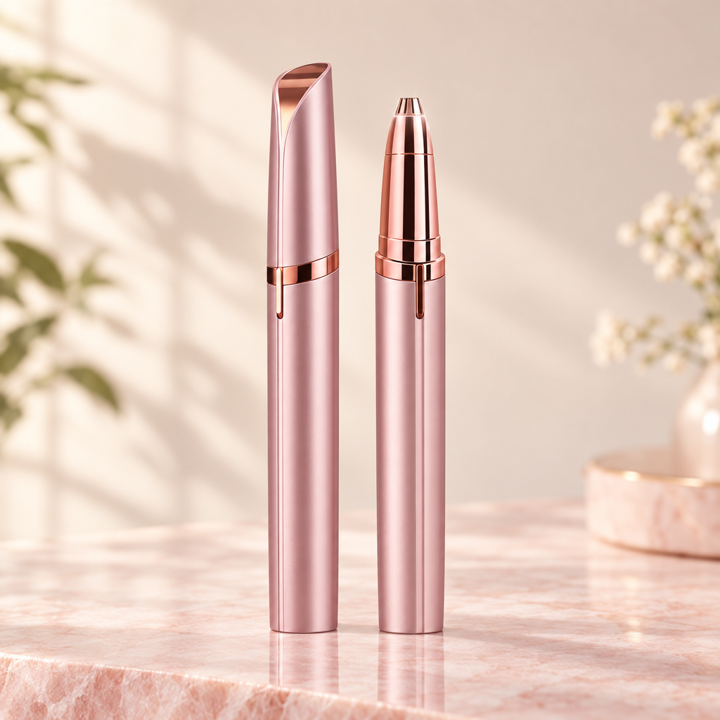 Rose gold electric eyebrow trimmer shown with its cap on and with the cap off