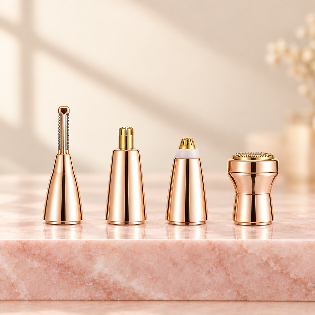The four interchangeable heads: eyebrow, nose, precision and round shaver head